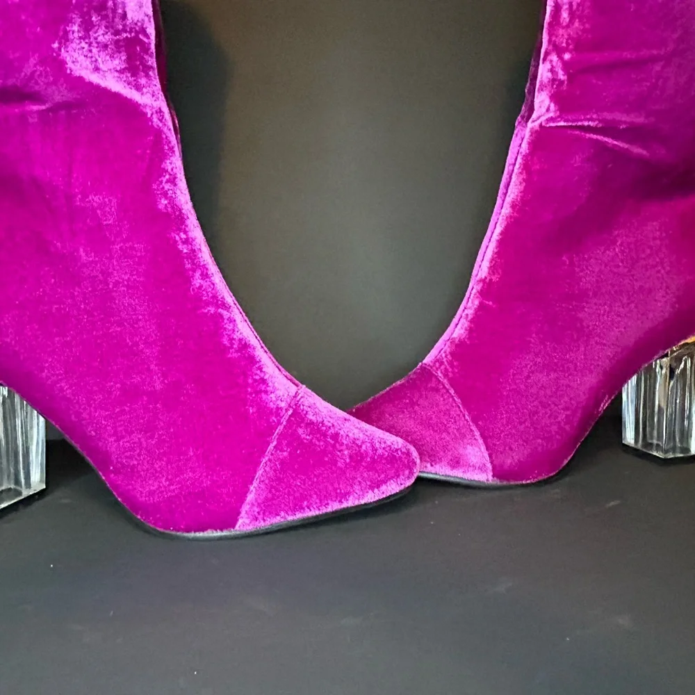 New Wide Calf Size 8W Pink Magenta Velvet With Clear Chunky Heel Boots - Picture 2 of 16